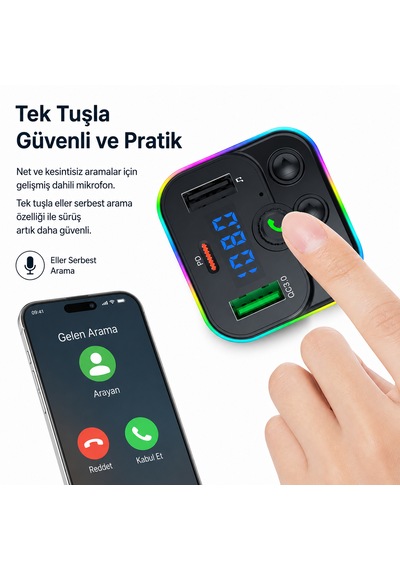 Bluetooth Araç Kiti Fm Transmitter Usb Type-c Pd Rgb Led Işıklı Flash Bellek Mp3 Çakmaklık Girişli