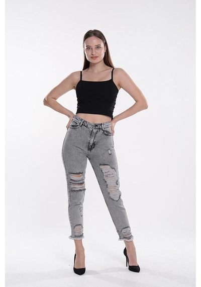 Shevega Kadın Bacak Lazer Yirtik Kar Siyah Mom Jeans Siyah