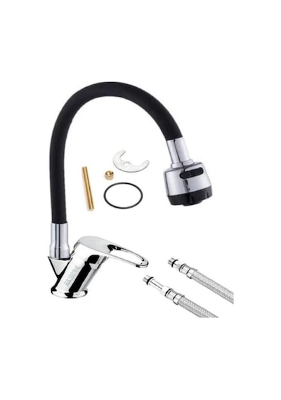 Siyah Oynar Borulu Pirinç Mutfak Bataryası Krom Siyah