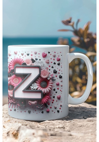 Renkli Çiçekli Z Harfi Baskılı 3d Görünümlü Tasarım Mug Kupa Bardak Beyaz