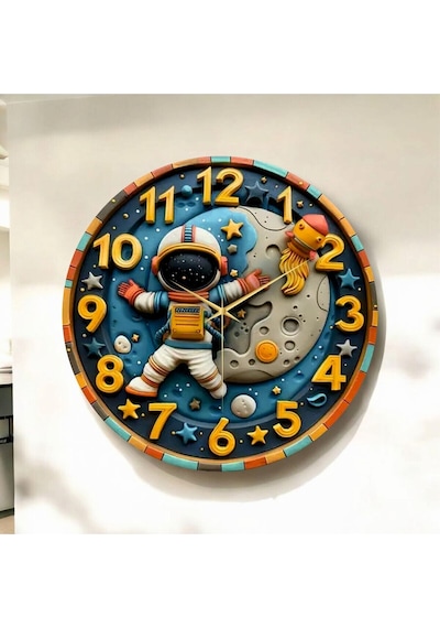 Renkli Baskı Astronot Uzay Çocuk Desenli Sayılı Hediyelik Ahşap Sessiz Duvar Saati 50cm ÇOk Renkli