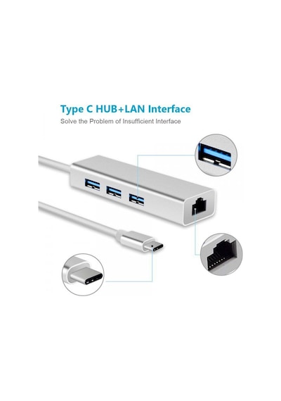 Type C To 3 Port Usb 3.0 Hub Çoklayıcı Ethernet Apple Uyumlu MacBook
