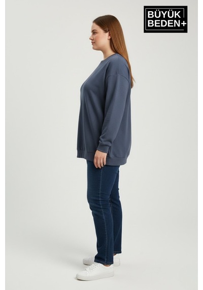 Superlife Kadın Büyük Beden Bisiklet Yaka Kollar Ve Etek Ribanalı İnce Sweatshirt Spr26bswk956 Mavi