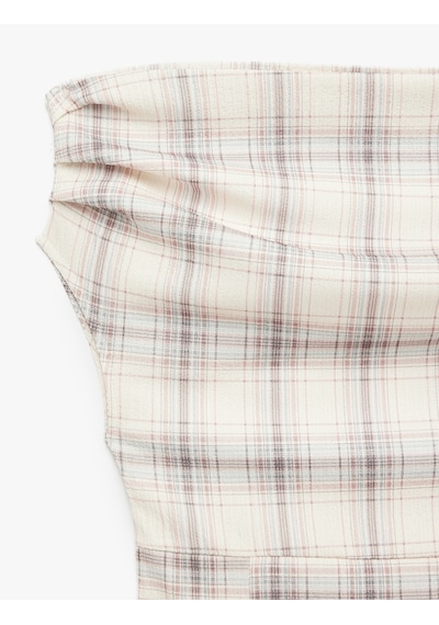 Koton Kolsuz Drapeli Korse Görünümlü Ekoseli Asimetrik Omzu Açık Bluz Ekru Ekose 6sal30290ık Ekru Ekoseli