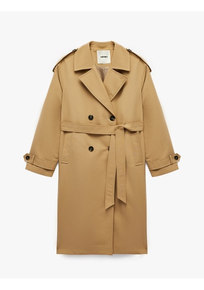 Koton Uzun Kollu Kemerli Çift Cepli Oversize Gabardin Kruvaze Trençkot Bej 7wak00236ew Ekru
