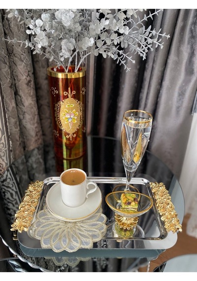 Atabey Home Collection 1 Adet Tekli Kahve & Çay & Sunum Dikdörtgen Büyük Sunum Tepsisi Çelik Gül Model Gold 30 Cm