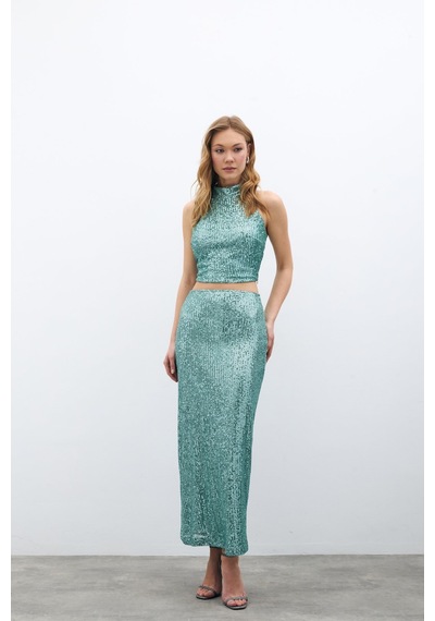 Sateen Fermuarlı Karolin Midi Etek - Mint-135350 Mint