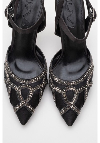 Luvishoes Luvi Shoes Volby Siyah Saten Taşlı Kadın Abiye Ayakkabı Siyah