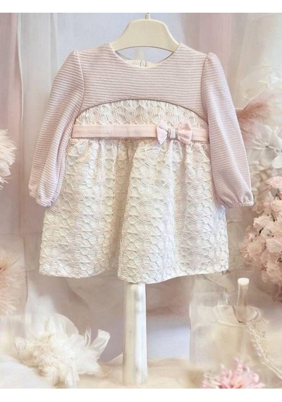 Miomini Baby Kız Bebek Çizgili Fiyonklu Şık Elbise-15173 Pudra
