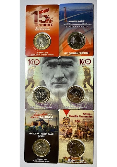 6 'lı Hatıra 1 Lira Para Kiti Seti, Ayasofya, Antep, Çanakkale, 15 Temmuz, 2'li Büyük Taarruz Çil