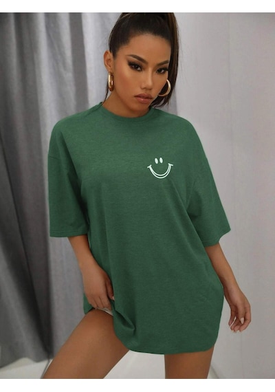 Noıssey Karikatür Ve Grafik Tasarım Oversize T-shirt Cartoon/letter Serisi Kod7 Yeşil