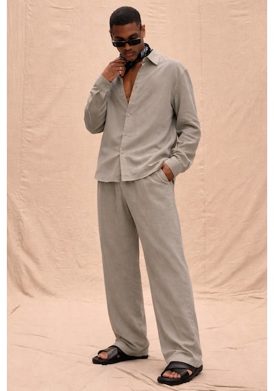 Tarz Cool Erkek Haki Tencel Kumaş Oversize Gömlek Pantolon Takım Rahat Kesim Yazlık Kombin Gri