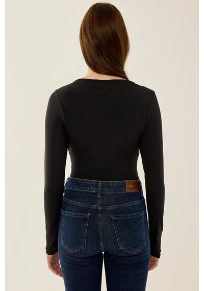Hiccup V Yaka Uzun Kollu Slim Fit Bodysuit Siyah