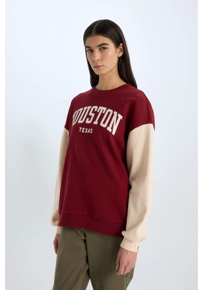 DeFacto Oversize Geniş Kalıp Bisiklet Yaka Baskılı Kalın Sweatshirt E3228AX24WNBR169
