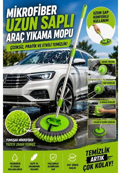 Mikrofiber Araç Yıkama Fırçası Uzun Saplı Oto Temizlik Mopu Yıkanabilir Başlık