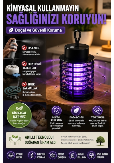 Şarjlı Uv Sivrisinek Öldürücü Lamba Type-c Elektrikli Sinek Kapanı Masaüstü Duvara Asılabilir