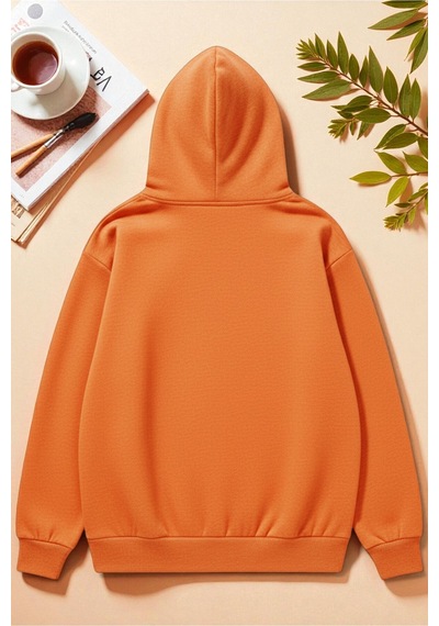 Uyguntarz Unisex Uyuyan Kedi Baskılı Kapüşonlu Sweatshirt Turuncu