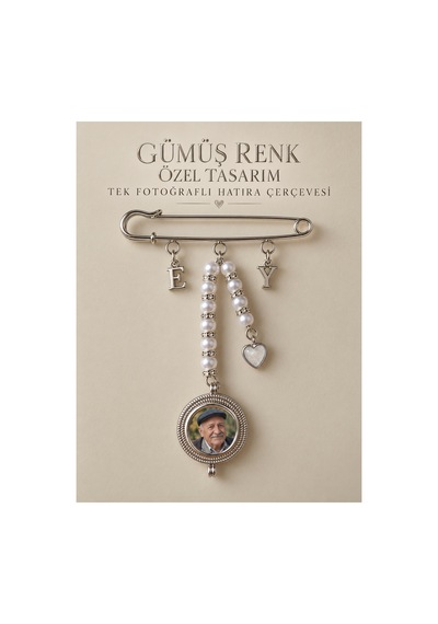 Kişiye Özel Gümüş Renk Tek Fotoğraflı Hatıra Çengeli - Özel Tasarım Anı İğnesi Gümüş Gümüş