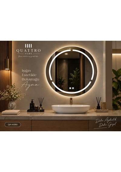 Dokunmatik Dimmer Özellikli Yuvarlak Led Işıklı Banyo Aynası 100 Cm 80 Cm Çap Açık Gri