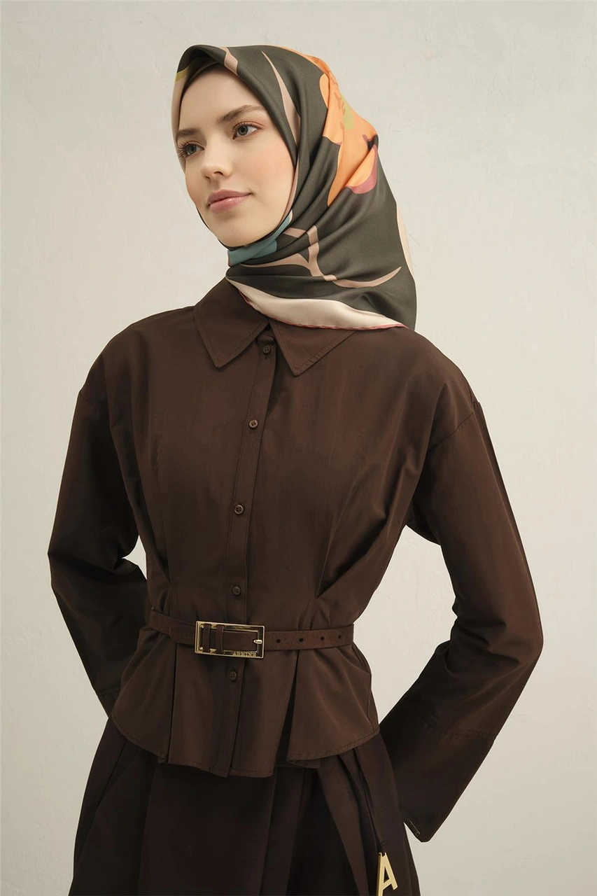 Armine Çiçek Desenli Saf İpek Sura Eşarp 9317d 82 Haki