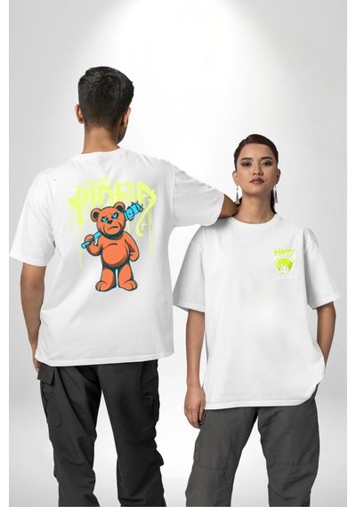Sık Sık Mutlu Gülmek Teddy Bear Beyaz Oversize Unisex Ön Ve Sırt Baskılı Tişört Beyaz