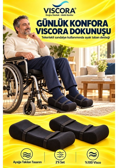Tekerlekli Sandalye İçin Visco Ayak Taban Destek Pedi 2 Li Ayağa Takılan, Ayarlanabilir Cırtlı Siyah