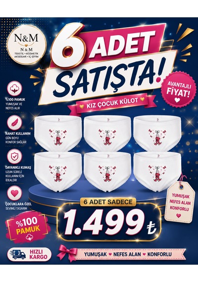 Erdem Kız Çocuk Beyaz Riban Baskılı Külot-6 Adet- 4301w