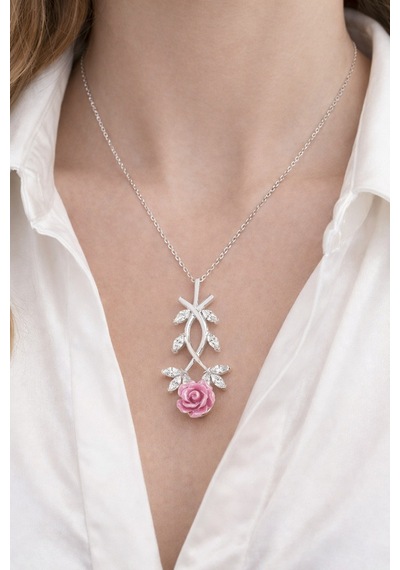 Çekirdekjewelry 925 Ayar Gümüş Pembe Güllü Kolye Gri