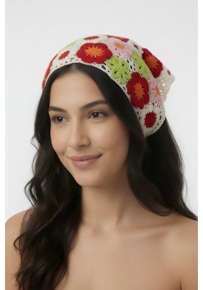 Yazlık Çiçek Desenli Üçgen Triko Bandana Kadın Ayarlanabilir Saç Aksesuarı Bej