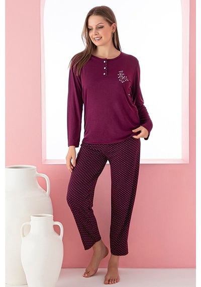 Farya Home Dreamy Uzun Kollu Desenli Düğmeli Yaka Pijama Takımı Mürdüm