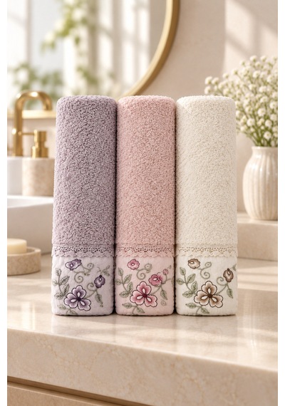 Bahar Dalı Çiçek Nakışlı El Yüz Havlusu 50x90 Cm 3 Lü Set %100 Pamuk - Lavender Cream Çok Renkli