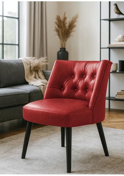 Waterybrook Berjer Sandalye - Kapitoneli Suni Deri - Siyah Ahşap Ayaklı - Retro Modern Tasarım Kırmızı