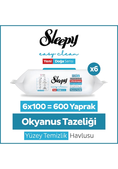 Sleepy Ocean Yüzey Temizlik Havlusu Mendili Okyanus Tazeliği 6x100 (600 Yaprak)
