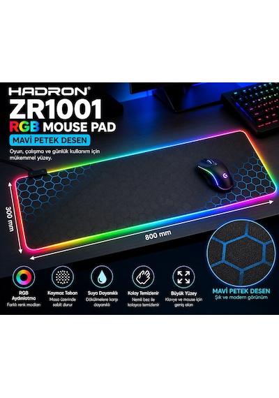 Hadron Zr1001 Mavi Petek Desenli Rgb Ledli Mouse Pad 300 X 800 Mm