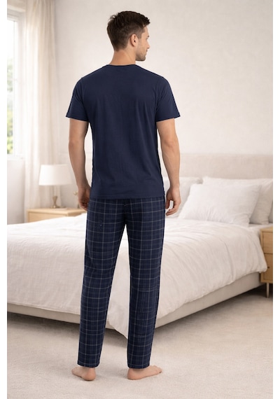 Koza İç Giyim Erkek Lacivert Kısa Kollu Ekose Desenli Pamuklu Pijama Takımı S299