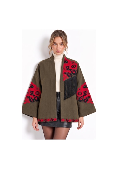 Saade Haki Etnik Çiçek Nakışlı Püsküllü Kimono Ceket