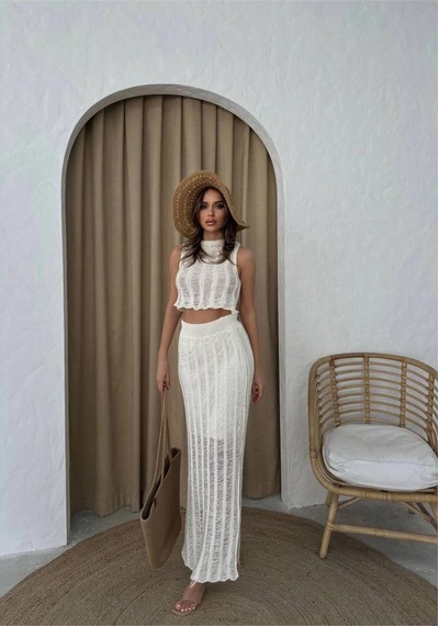 Ecenin Favorileri Triko Crop Etek Takım Ekru