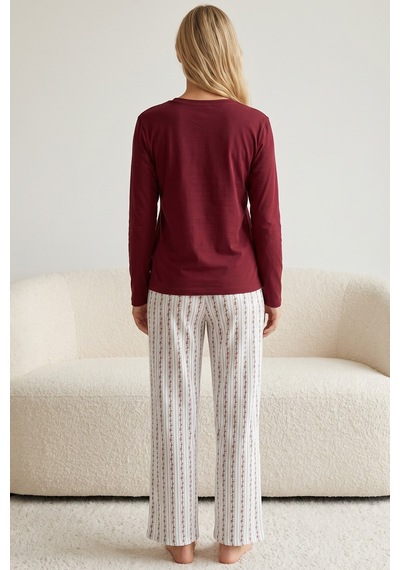 Siyah İnci Nakışlı Pamuklu Likralı Örme Pijama Takım26240345 Bordo