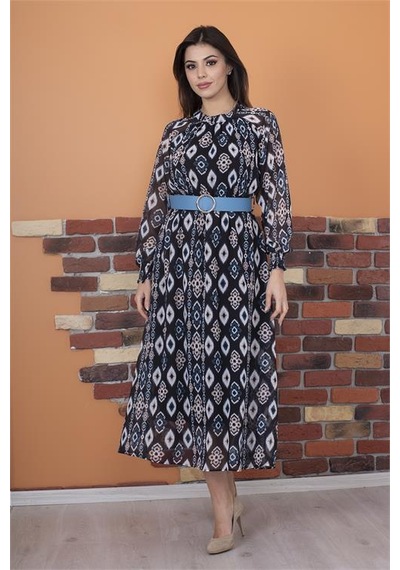 Neşeli Butik Kadın Kemerli Yaka Detaylı Uzun Şifon Elbise Ry0032 Siyah/mavi