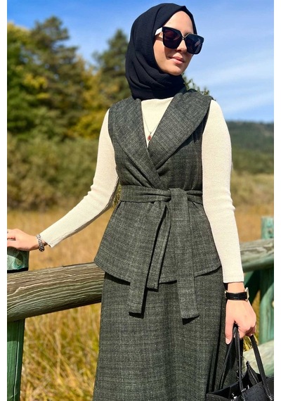 Rabia Şamlı Azize Etek Yelek Takım Haki Normal