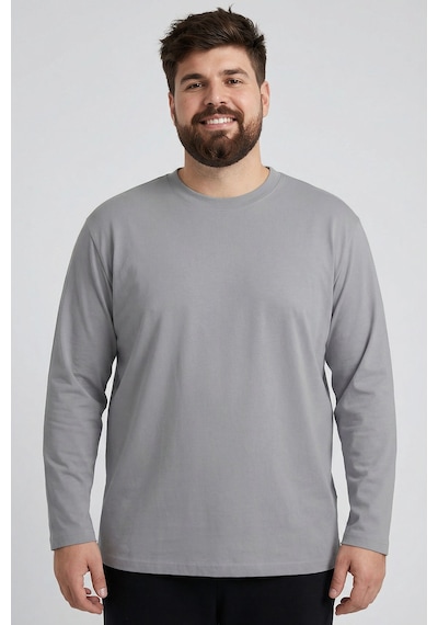 Gri O Yaka Rahat Form Battal Büyük Beden Uzun Kollu Erkek T-shirt - 88107