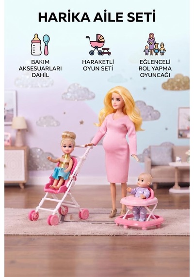 Hamile Anne Ve Bebekleri 3 Bebekli Dönen Karınlı Haraketli Eklemli Aksesuarlı Oyuncak Bebek Seti Sarı