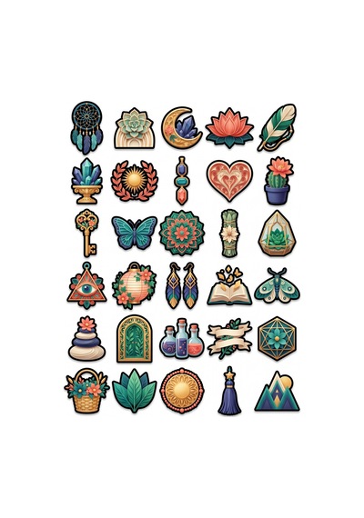 30 Adet Estetik Boho Mistik Sticker Seti - Laptop Ajanda Defter Scrapbook İçin Çok Renkli