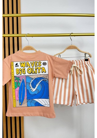 Monila Erkek Çocuk Pamuklu Bisiklet Yaka Baskılı T-shirt Ve Çizgili Şort Alt Üst Takım Somon