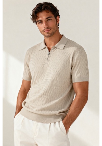 Erkek Fermuarlı Polo Yaka Triko Tişört Slim Fit Dokulu Yazlık Şık Casual Bej