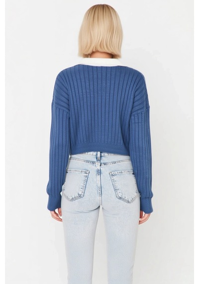 Benerly Kadın Bebe Yaka Detaylı Fitilli Triko Crop Hırka Düşük Omuzlu Uzu Indigo