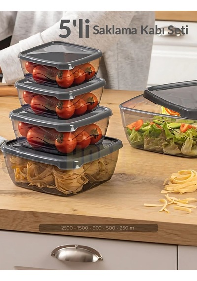 Jet's Home 5 Li Set Kare Saklama Kabı Seti Bpa Free Erzak Kabı Bakliyat Saklama Kapları Buzdolabı Kabı Şeffaf Antrasit