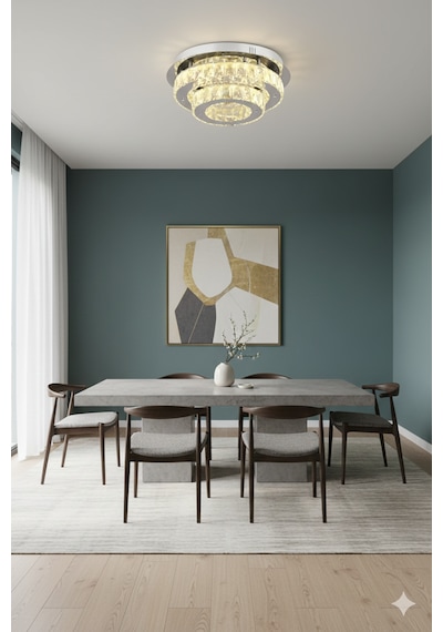 Ahu Kristal Taşlı 3 Kademeli Modern Ledli Salon Avize Krom