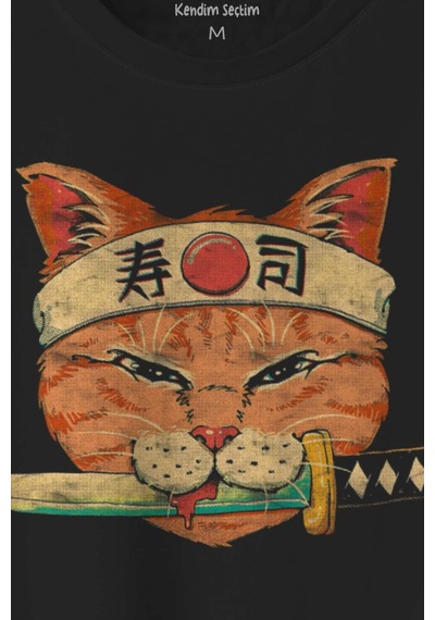 Cat Sushi Japanese Vintage Sokak Baskılı Siyah T-shirt Unisex Tişört 001