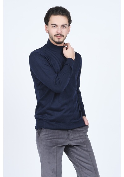 Woolen World Erkek Desenli Yarım Balıkçı Triko Yün Kazak 5596983 Lacivert